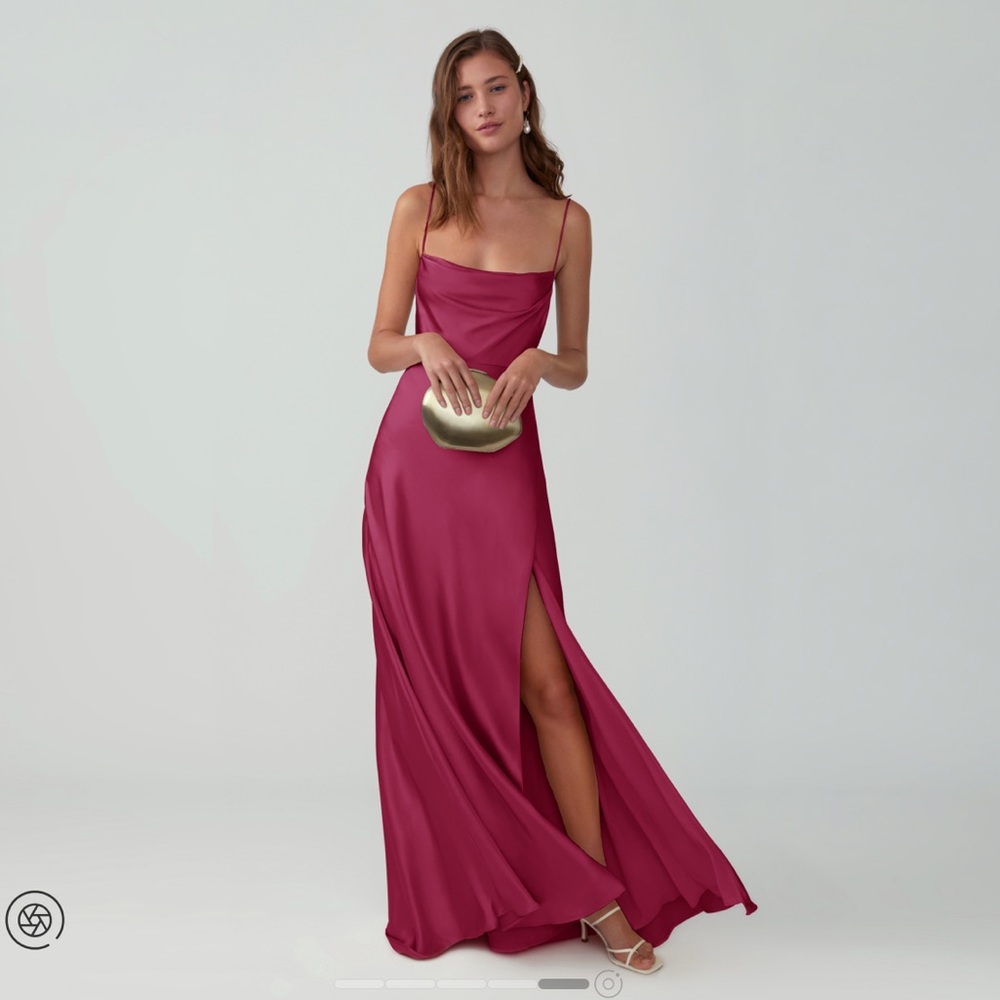 Fame and Partners Strappy Draped Gown in Matte Satin Burgundy (Size 6)